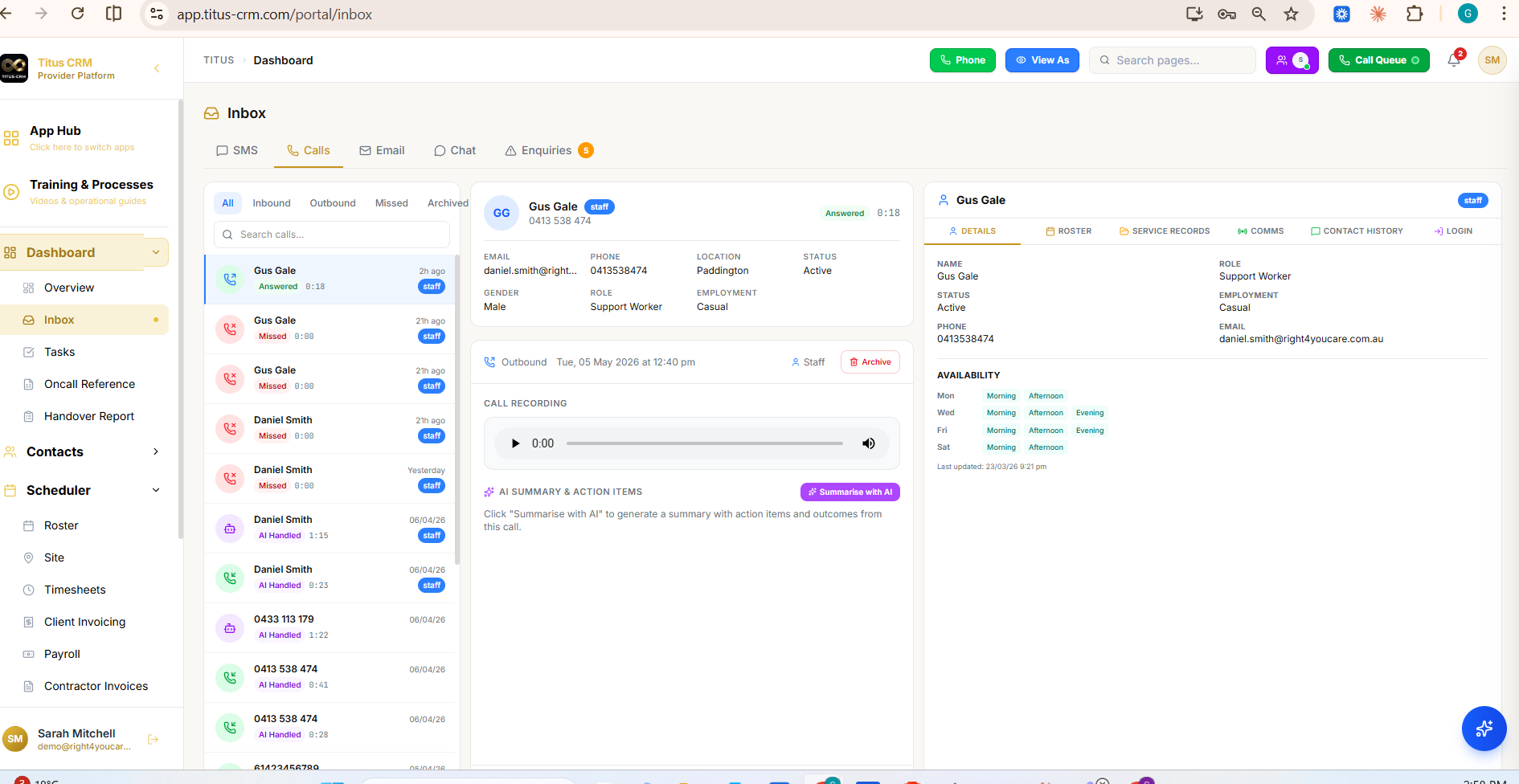 Titus CRM AI call transcription showing automated summaries and action items