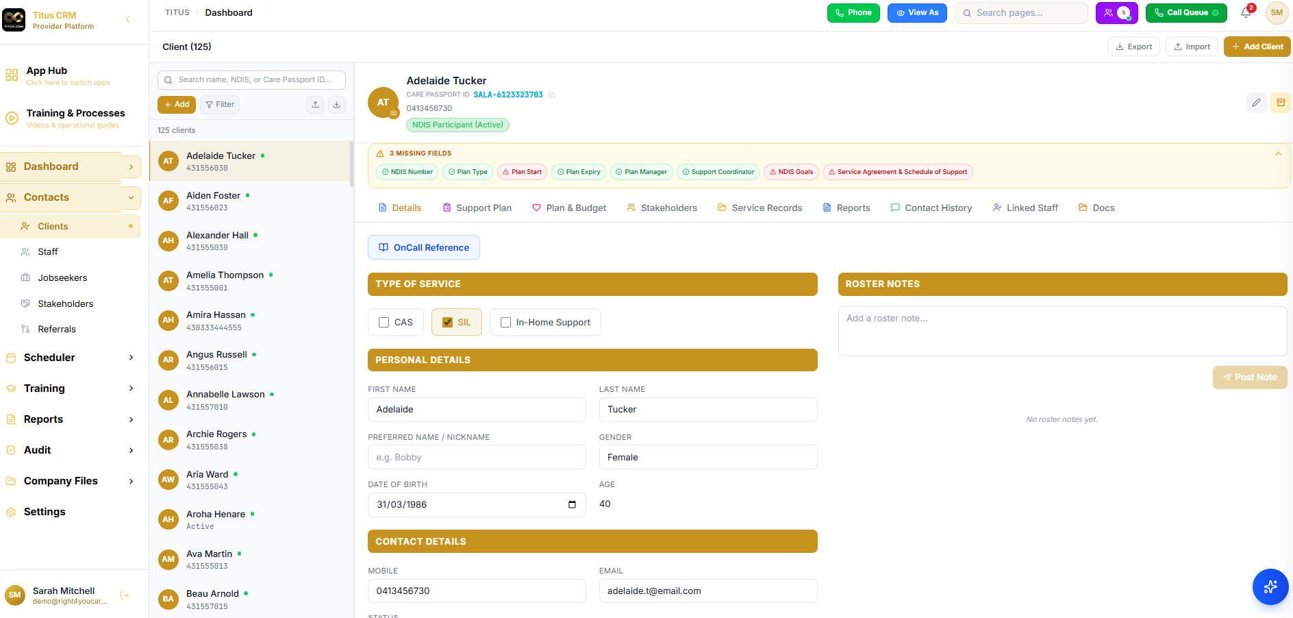 Titus CRM client profiles with NDIS budget tracking