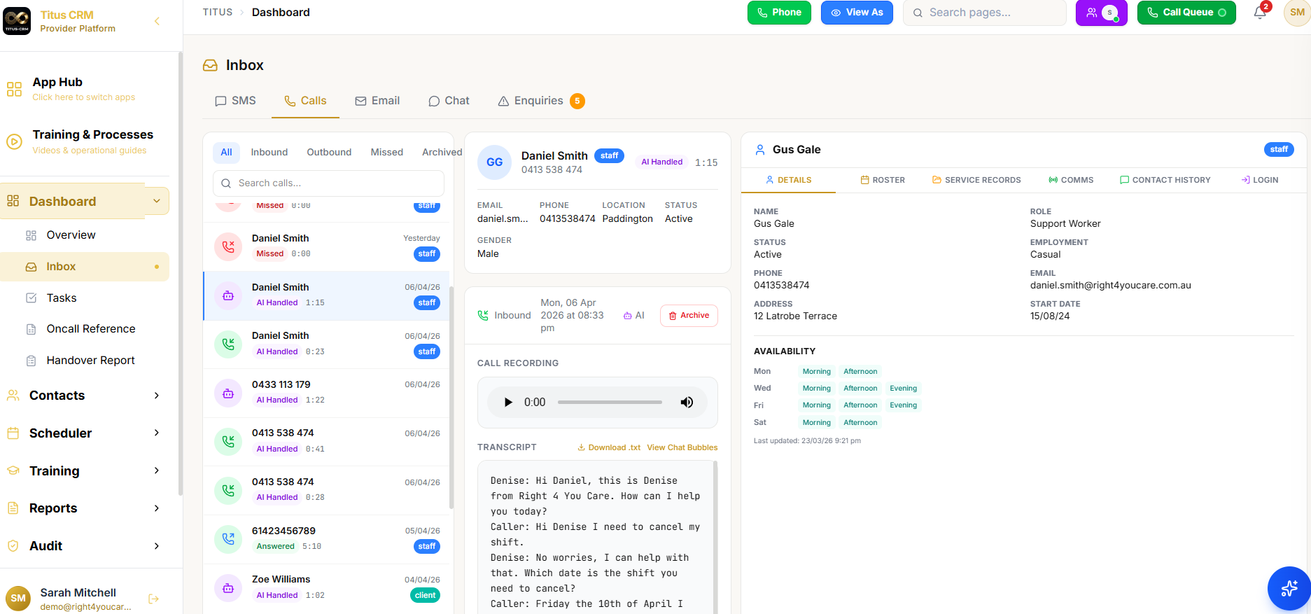 Multi-channel on-call inbox with AI call transcription in Titus CRM