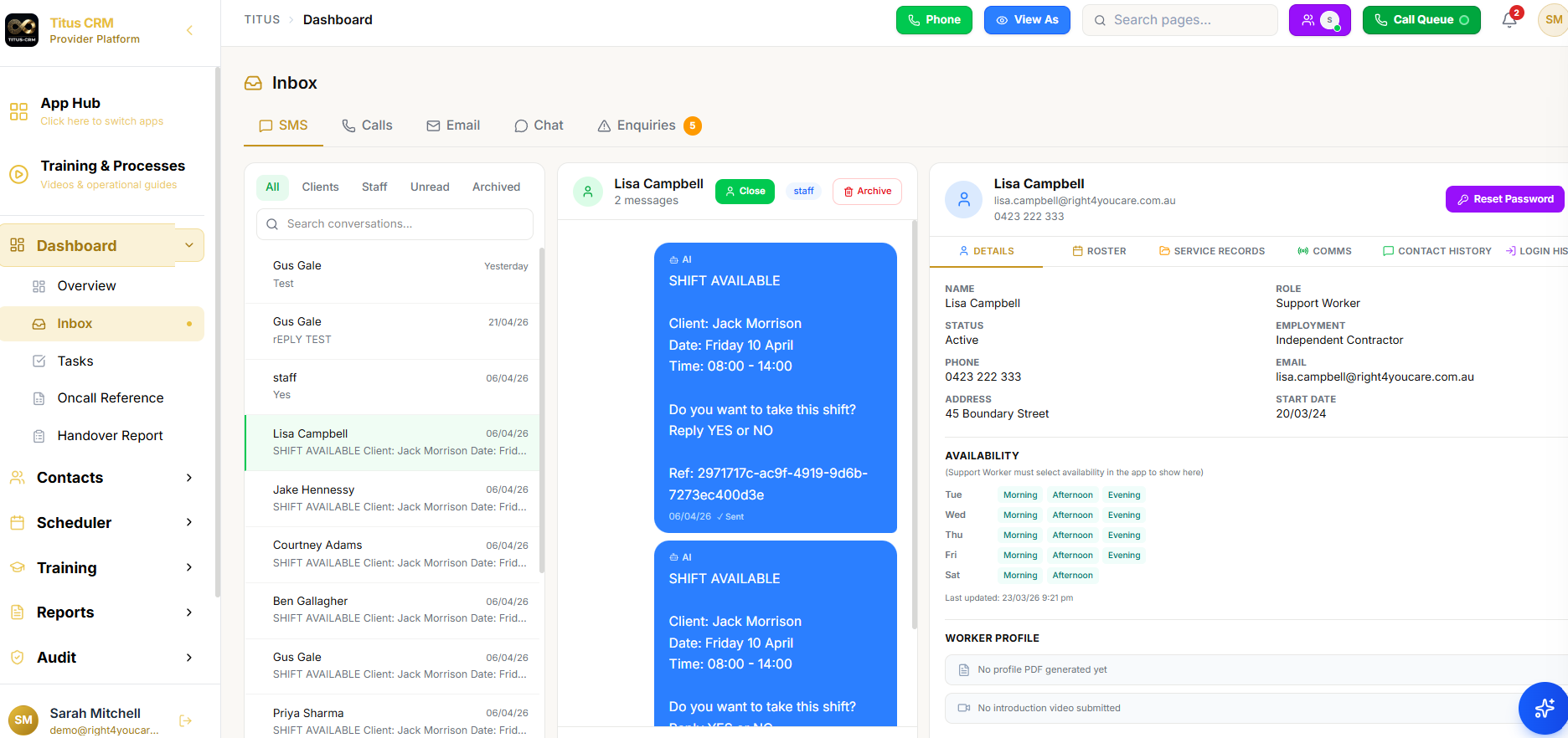 Titus CRM unified inbox showing SMS, calls, email and chat in one view