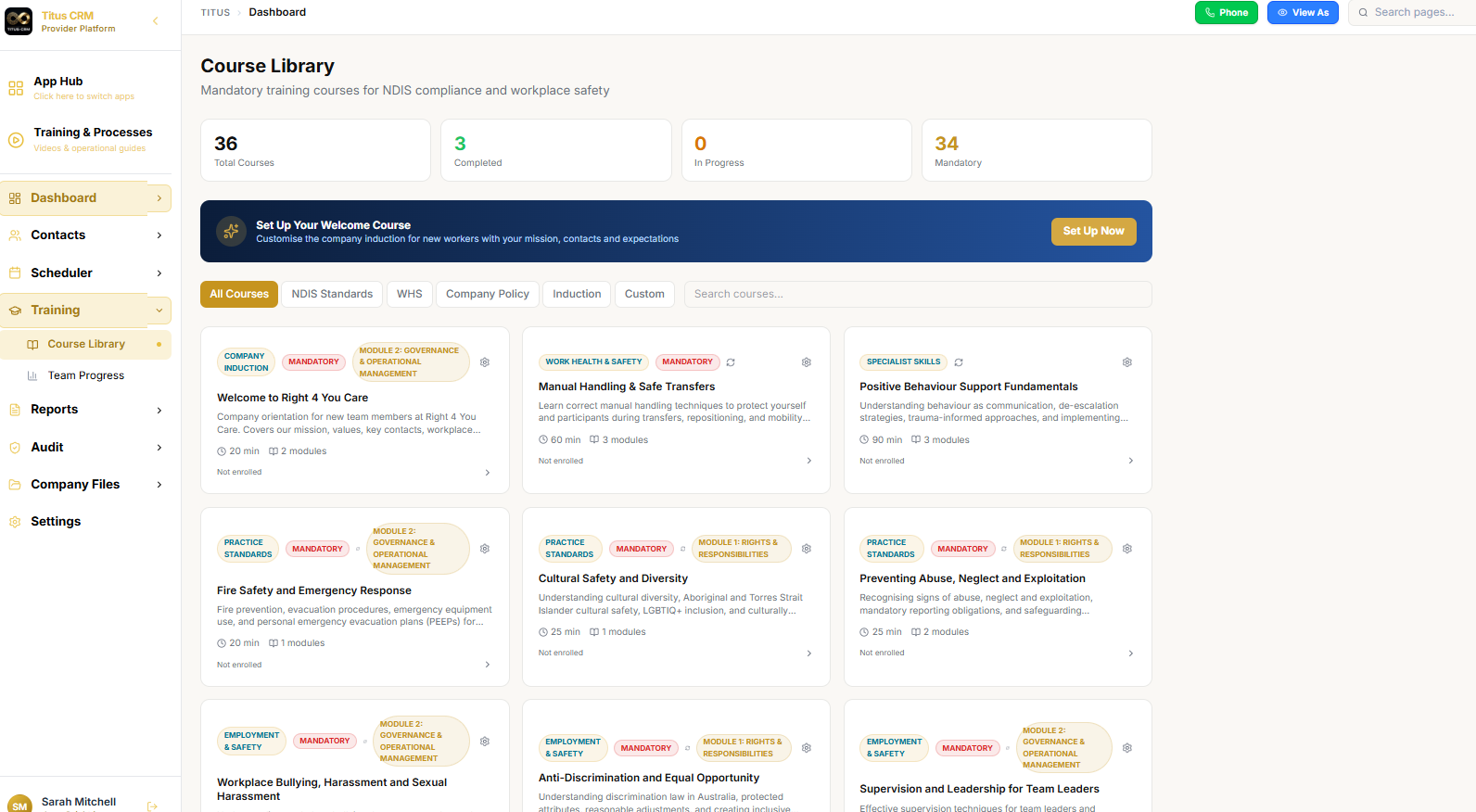 Built-in Learning Management System for mandatory OOHC staff training in Titus CRM