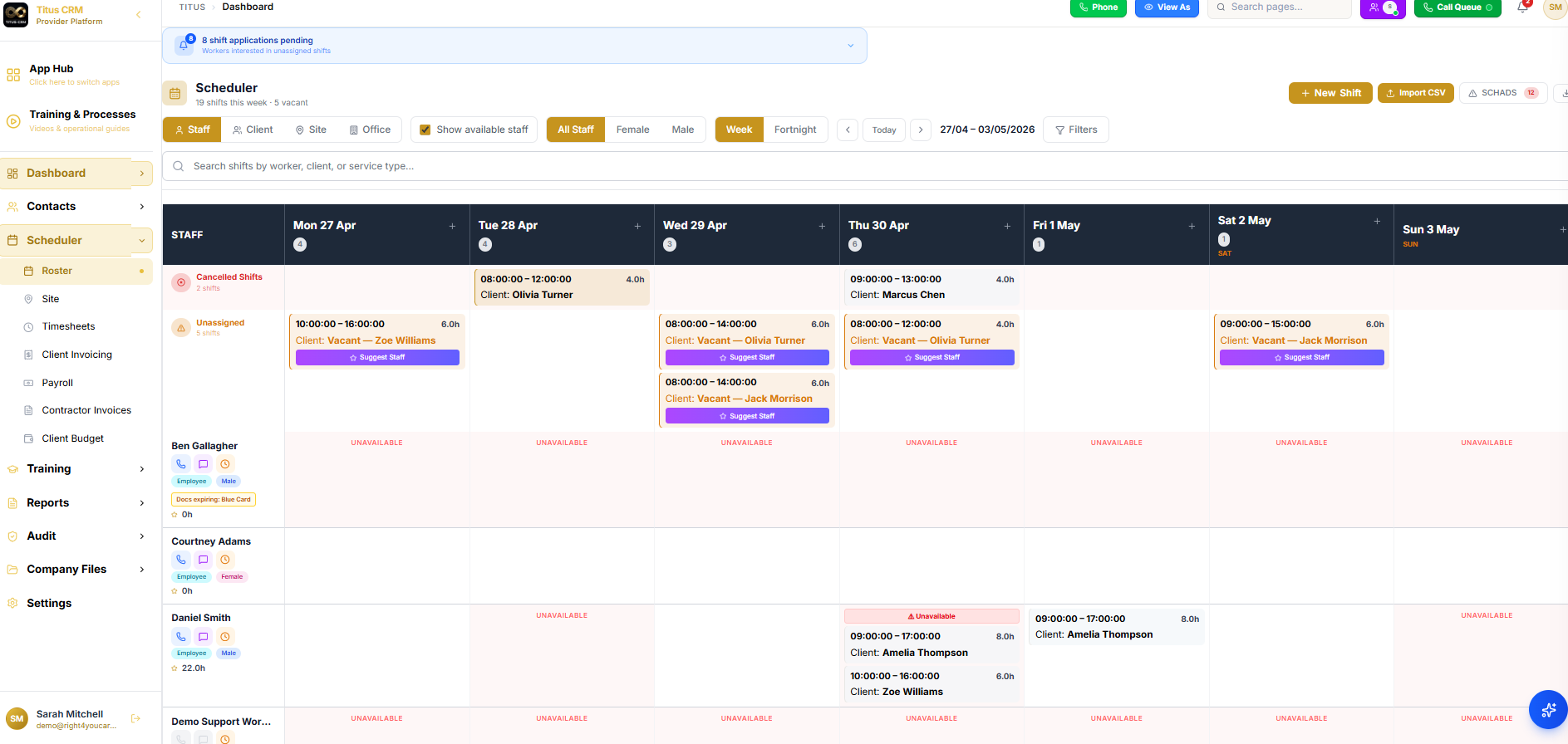 Titus CRM smart rostering scheduler with SCHADS compliance checking