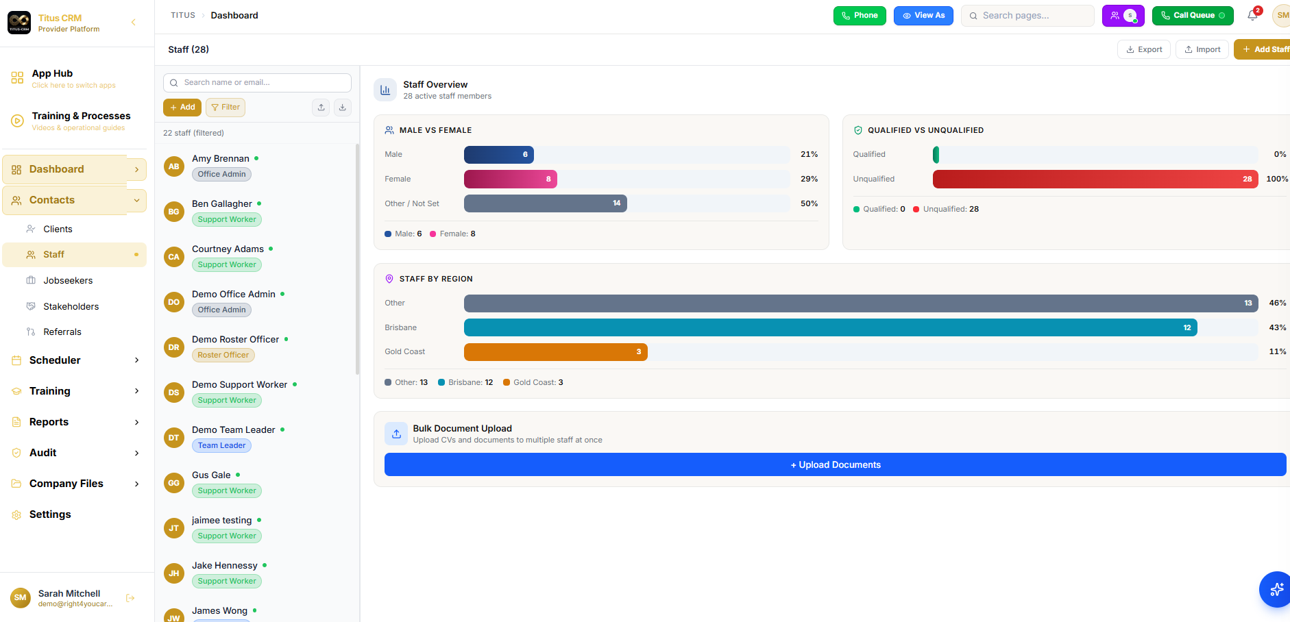 Titus CRM staff record management with individual logins and role assignment