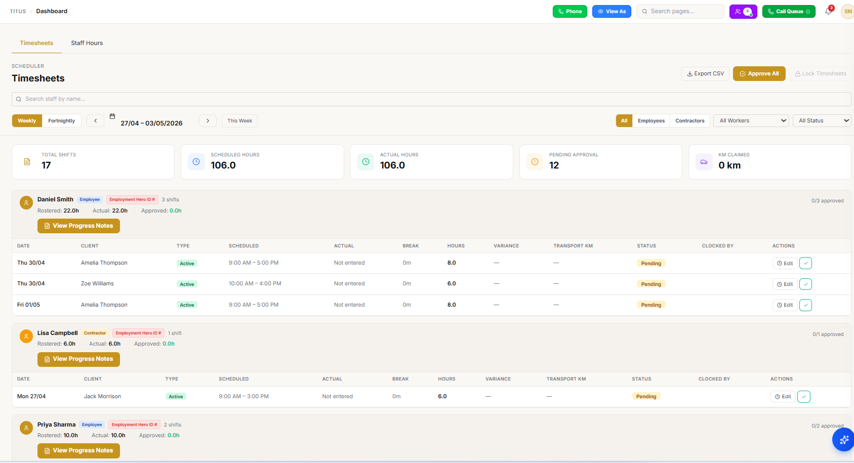 SCHADS-compliant timesheets including sleepover shifts in Titus CRM